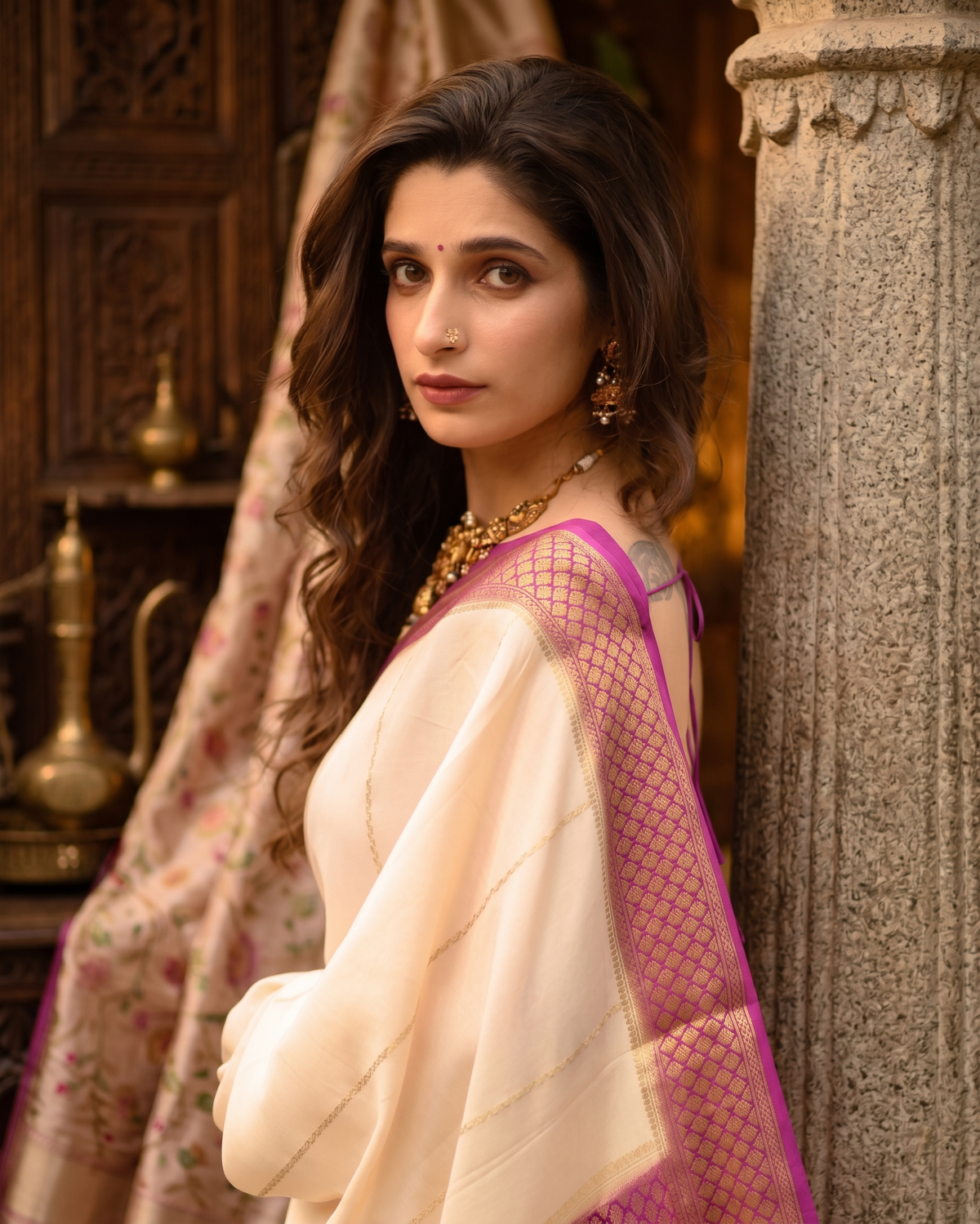 Cream Banarasi Silk Saree | Traditional Zari Weave