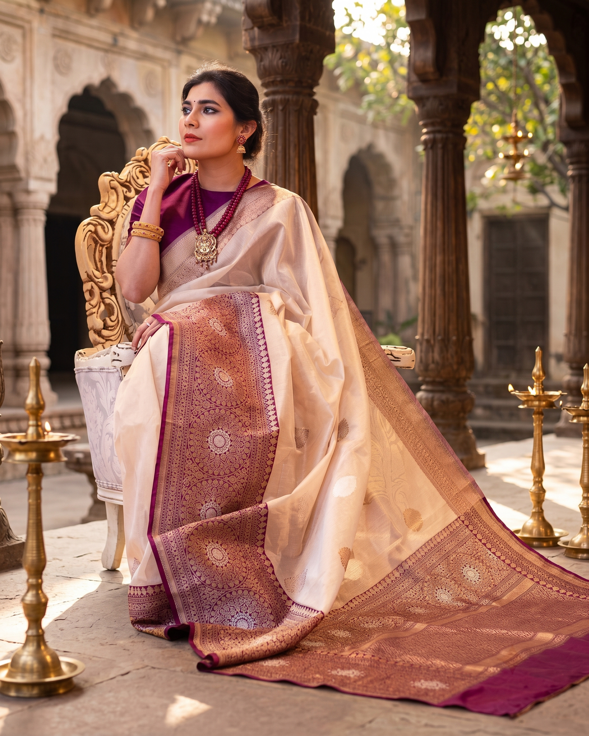 Cream Banarasi Silk Saree | Traditional Zari Weave
