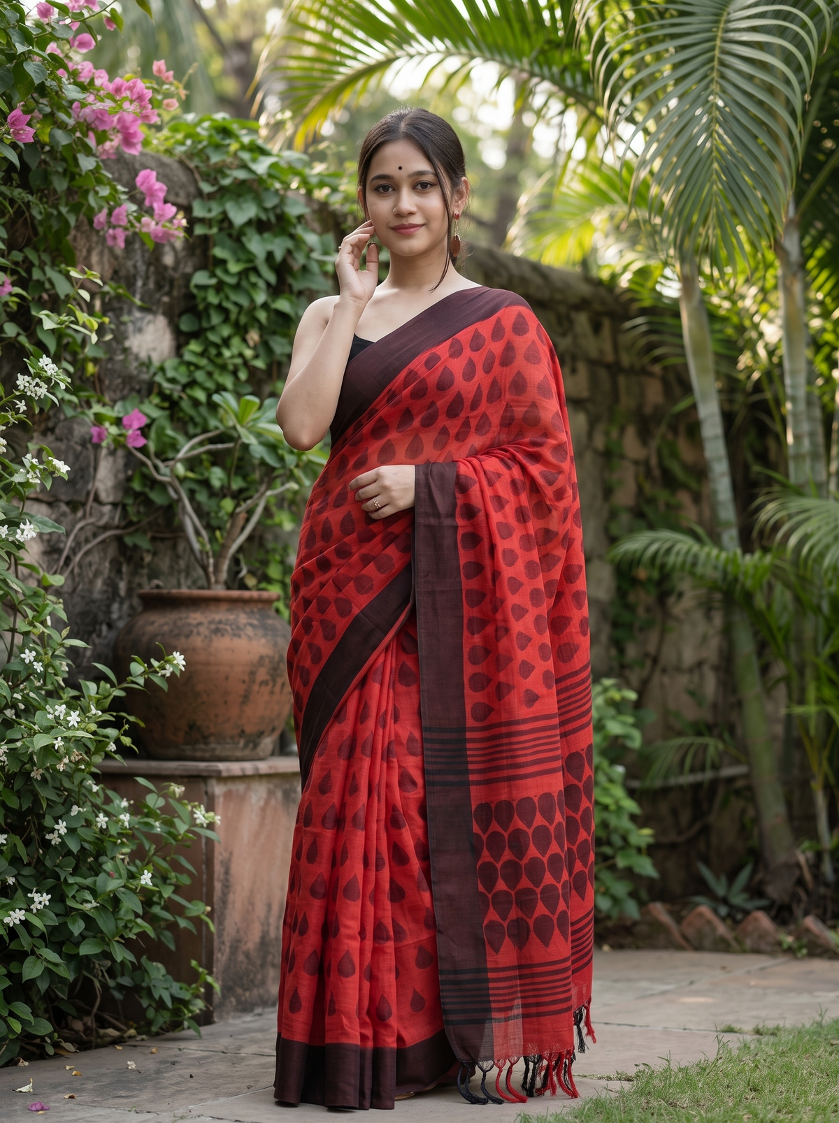 Premium Linen Cotton Saree with Traditional Butti Prints - Red | Daily Wear & Festive Wear