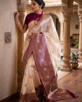Cream Banarasi Silk Saree | Traditional Zari Weave