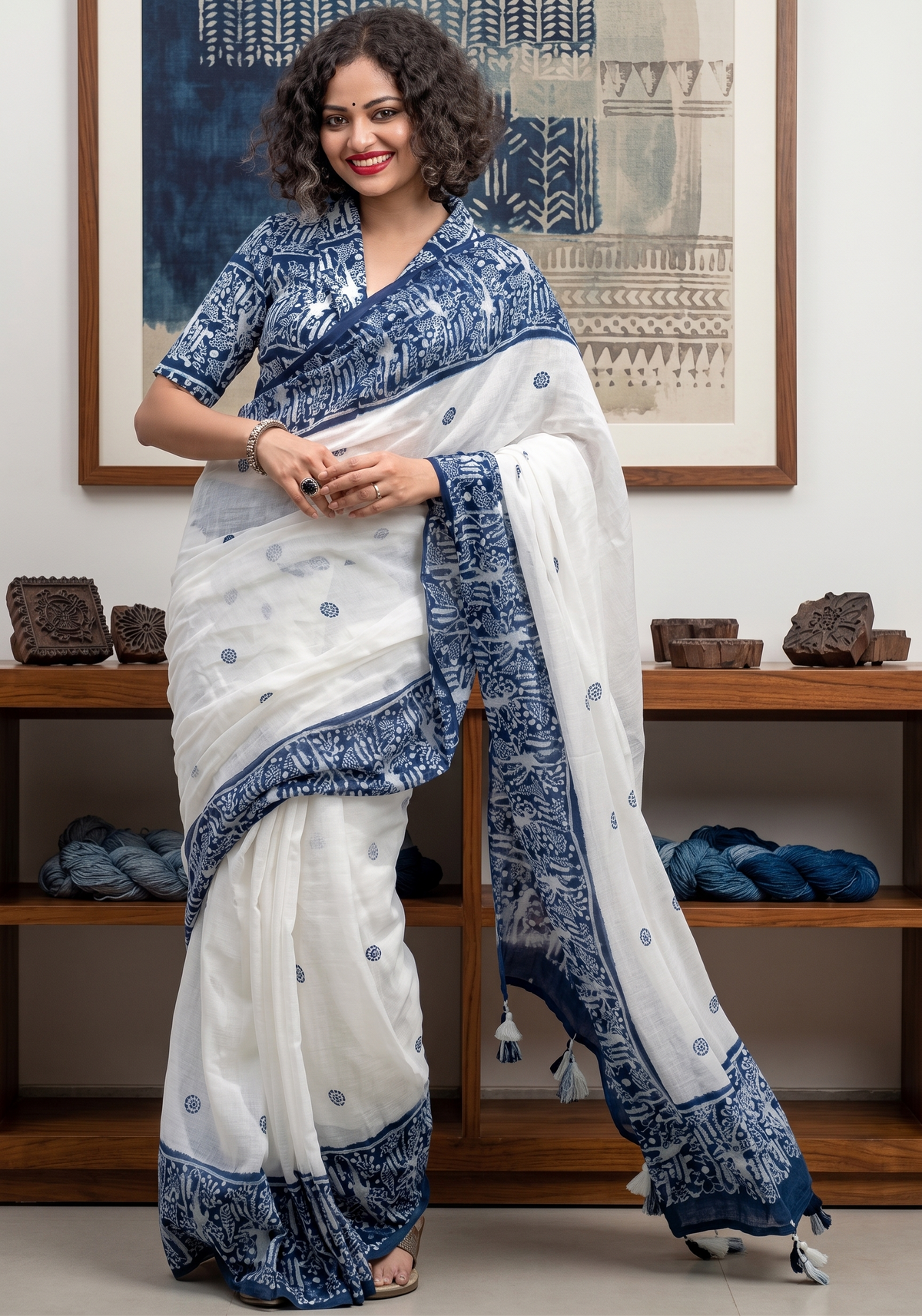 Premium Linen Cotton Saree with Traditional Printed Border - White | Daily Wear & Festive Wear