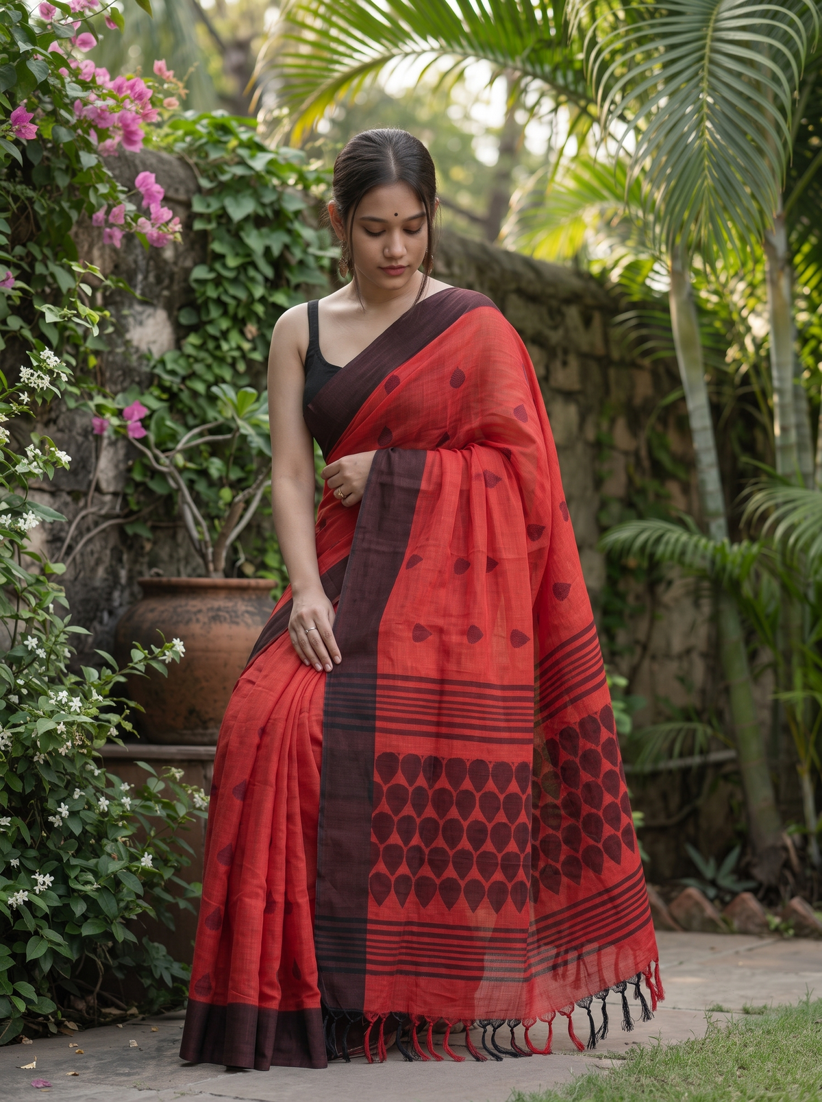 Premium Linen Cotton Saree with Traditional Butti Prints - Red | Daily Wear & Festive Wear