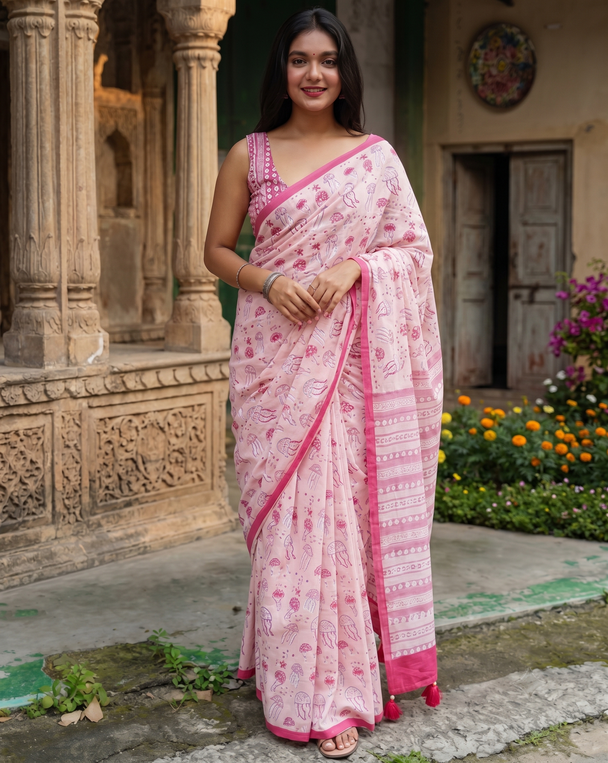 Elegant Printed Premium Linen Cotton Saree - Pink | Daily Wear & Festive Wear