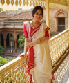 Cream Banarasi Silk Saree | Traditional Puja Wear