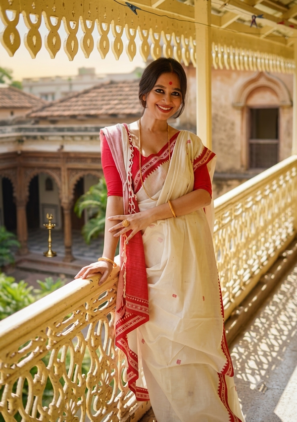 Cream Banarasi Silk Saree | Traditional Puja Wear detail view