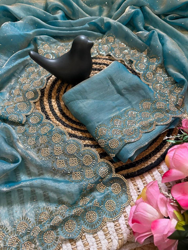 Aqua Space Silk Jarkan Work Saree for Wedding & Party | RD TAMANAH