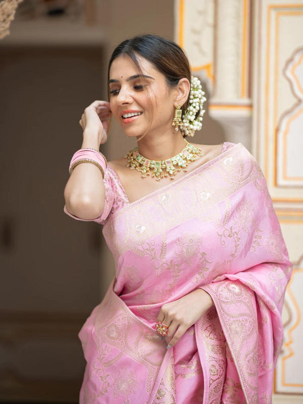 Baby Pink Banarasi Silk Saree | Ethnic Wear for Women