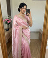 Baby Pink Satin Saree with Gold Embroidery & Pearl Work Border | RD KAVITA