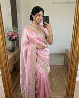 Baby Pink Satin Saree with Gold Embroidery & Pearl Work Border | RD KAVITA