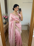 Baby Pink Satin Saree with Gold Embroidery & Pearl Work Border | RD KAVITA