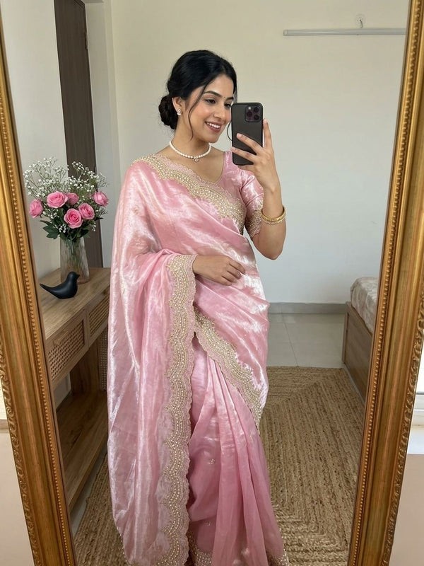 Baby Pink Satin Saree with Gold Embroidery & Pearl Work Border | RD KAVITA