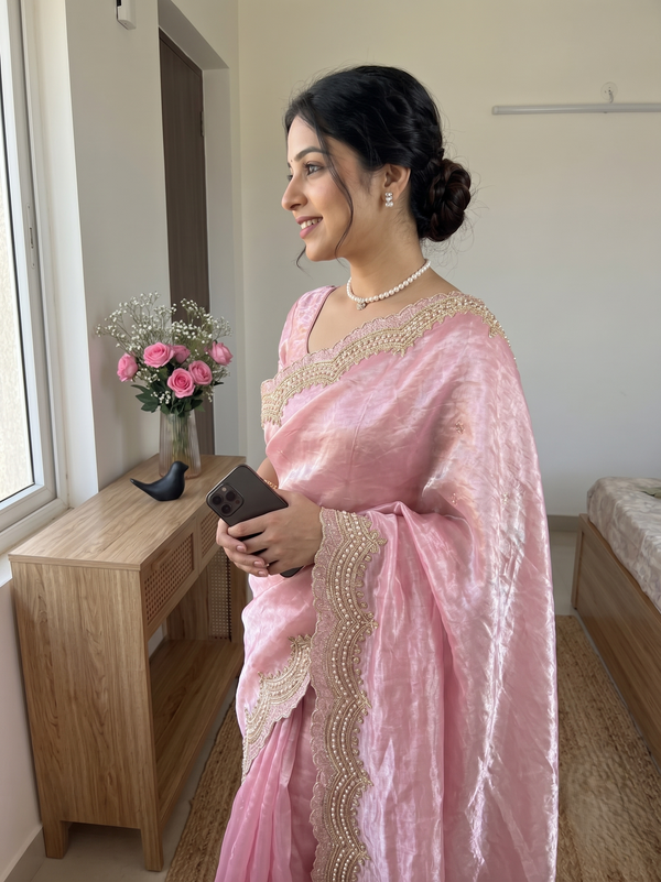 Baby Pink Satin Saree with Gold Embroidery & Pearl Work Border | RD KAVITA