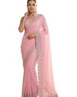 Baby Pink Satin Saree with Zari Weaving & Siroski Border | RD TANISHKA