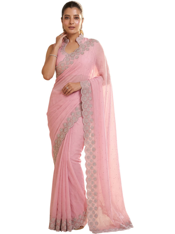 Baby Pink Satin Saree with Zari Weaving & Siroski Border | RD TANISHKA