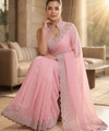 Baby Pink Satin Saree with Zari Weaving & Siroski Border | RD TANISHKA