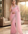 Baby Pink Satin Saree with Zari Weaving & Siroski Border | RD TANISHKA