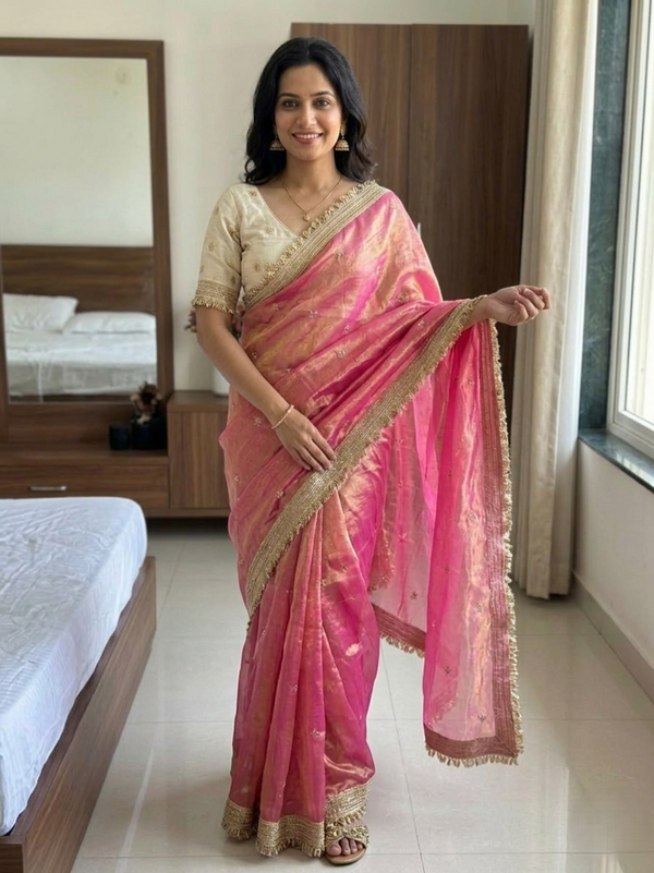Baby Pink Space Satin Sequence Work Saree for Party & Wedding | RD APEXA