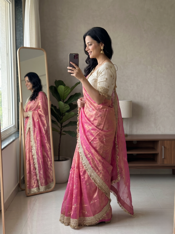 Baby Pink Space Satin Sequence Work Saree for Party & Wedding | RD APEXA