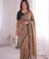Beige Brown Mirror Work Saree with Floral Embroidery Border | RD HEMANI