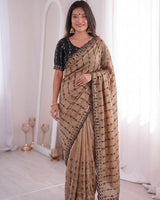 Beige Brown Mirror Work Saree with Floral Embroidery Border | RD HEMANI