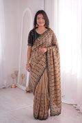 Beige Brown Mirror Work Saree with Floral Embroidery Border | RD HEMANI