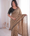 Beige Brown Mirror Work Saree with Floral Embroidery Border | RD HEMANI