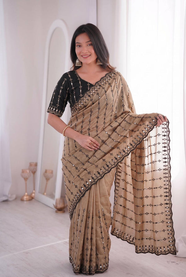 Beige Brown Mirror Work Saree with Floral Embroidery Border | RD HEMANI