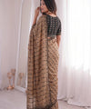 Beige Brown Mirror Work Saree with Floral Embroidery Border | RD HEMANI
