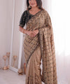 Beige Brown Mirror Work Saree with Floral Embroidery Border | RD HEMANI