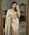 Beige Gold Satin Saree with Gold Embroidery & Pearl Work Border | RD KAVITA