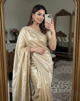 Beige Gold Satin Saree with Gold Embroidery & Pearl Work Border | RD KAVITA