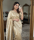 Beige Gold Satin Saree with Gold Embroidery & Pearl Work Border | RD KAVITA