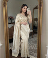 Beige Gold Satin Saree with Gold Embroidery & Pearl Work Border | RD KAVITA