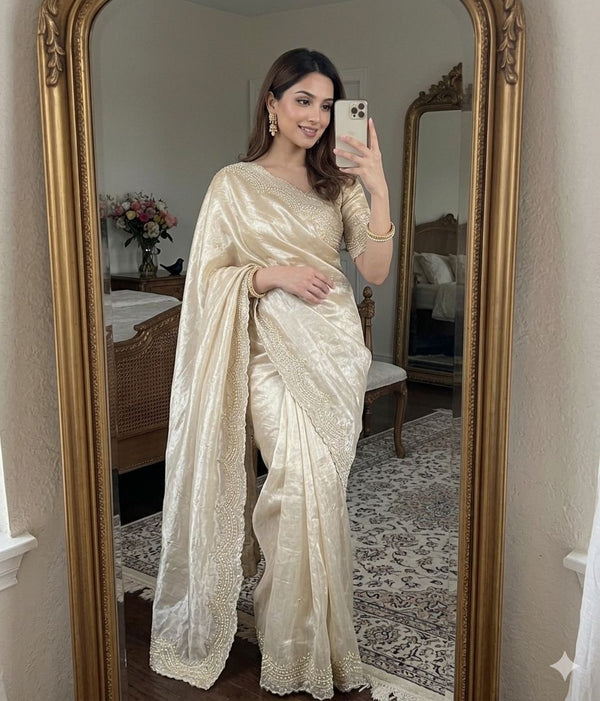 Beige Gold Satin Saree with Gold Embroidery & Pearl Work Border | RD KAVITA