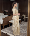 Beige Gold Satin Saree with Gold Embroidery & Pearl Work Border | RD KAVITA