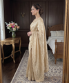 Beige Gold Satin Saree with Gold Embroidery & Pearl Work Border | RD KAVITA
