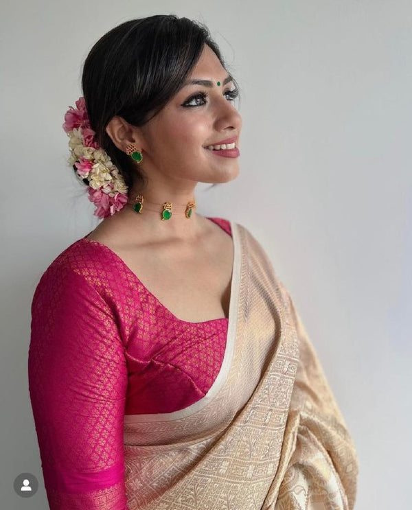 Beige Jacquard Silk Saree | Bridal & Festive Wear