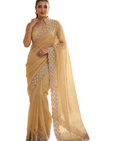 Beige Satin Saree with Zari Weaving & Siroski Border | RD TANISHKA