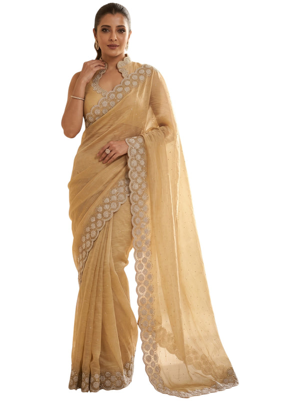 Beige Satin Saree with Zari Weaving & Siroski Border | RD TANISHKA