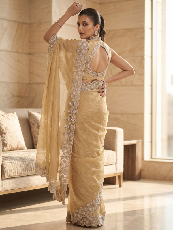 Beige Satin Saree with Zari Weaving & Siroski Border | RD TANISHKA