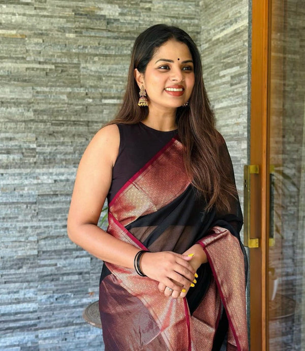 Black Cotton Saree | Comfort Handloom Weave