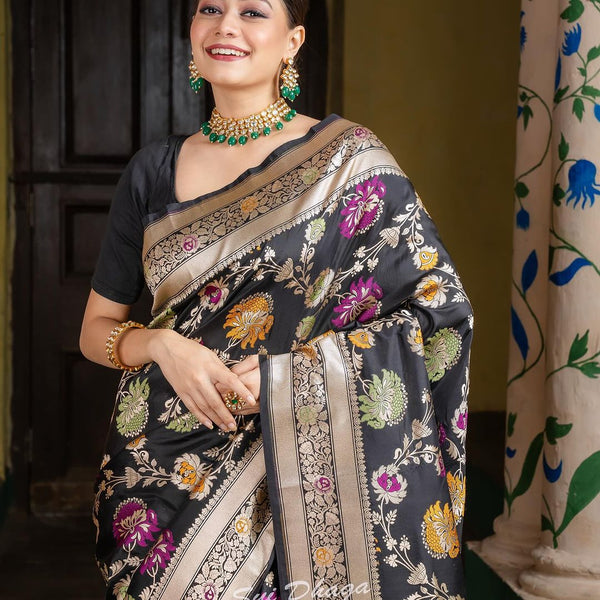 Black Jacquard Silk Saree | Bridal & Festive Wear