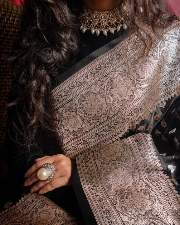 Black Jacquard Silk Saree | Festive & Party Wear