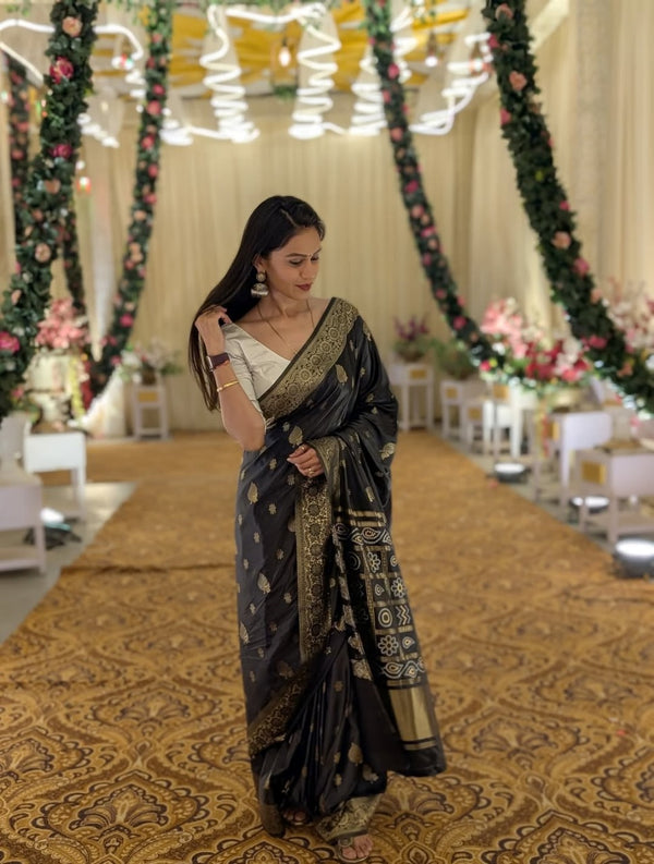 Black Jacquard Silk Saree | Traditional Wedding Wear
