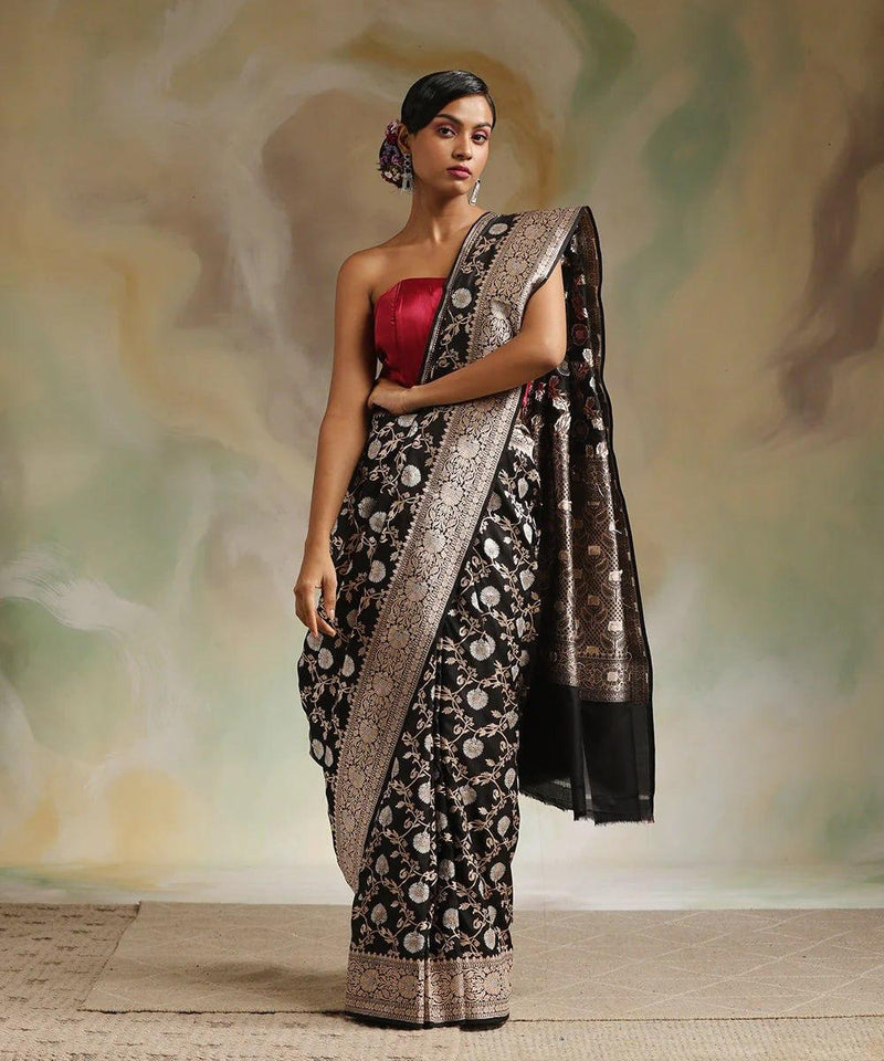 Black Jacquard Silk Saree | Traditional Wedding Wear