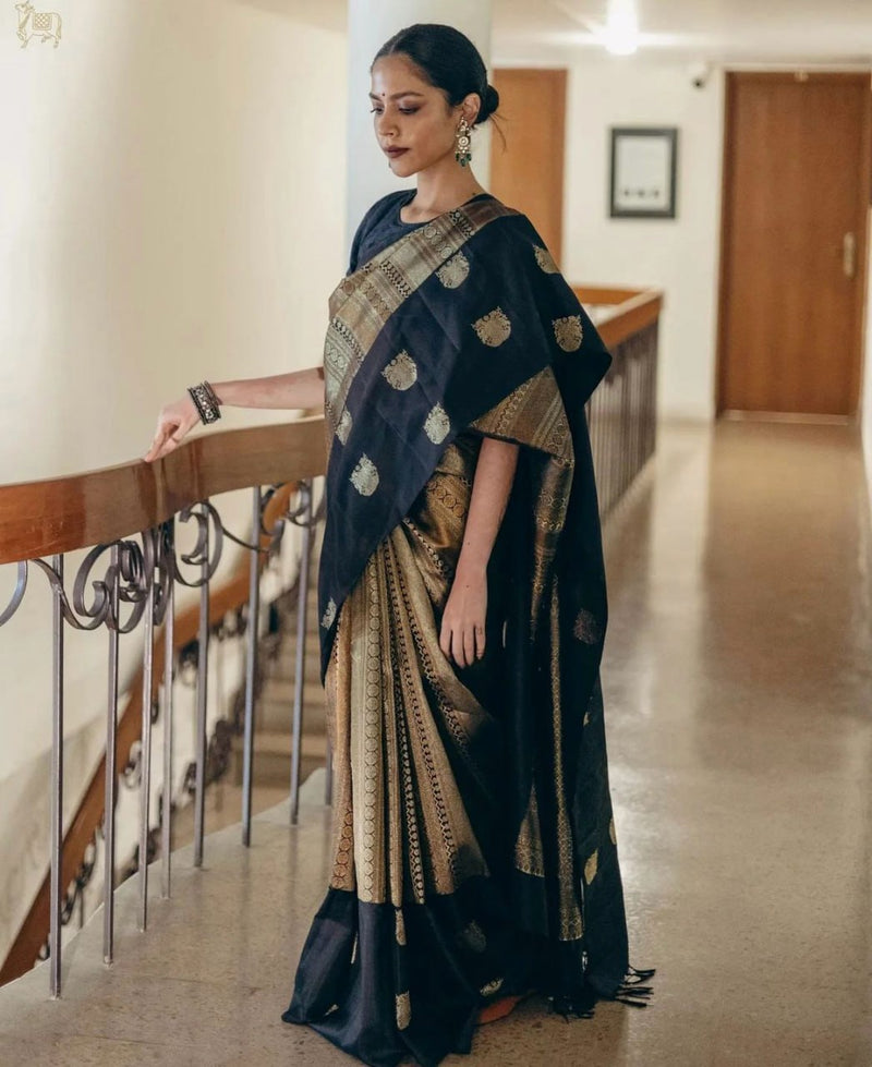 Black Jacquard Silk Saree | Traditional Wedding Wear