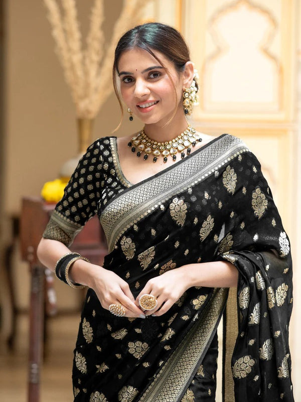 Black Jacquard Silk Saree | Traditional Wedding Wear