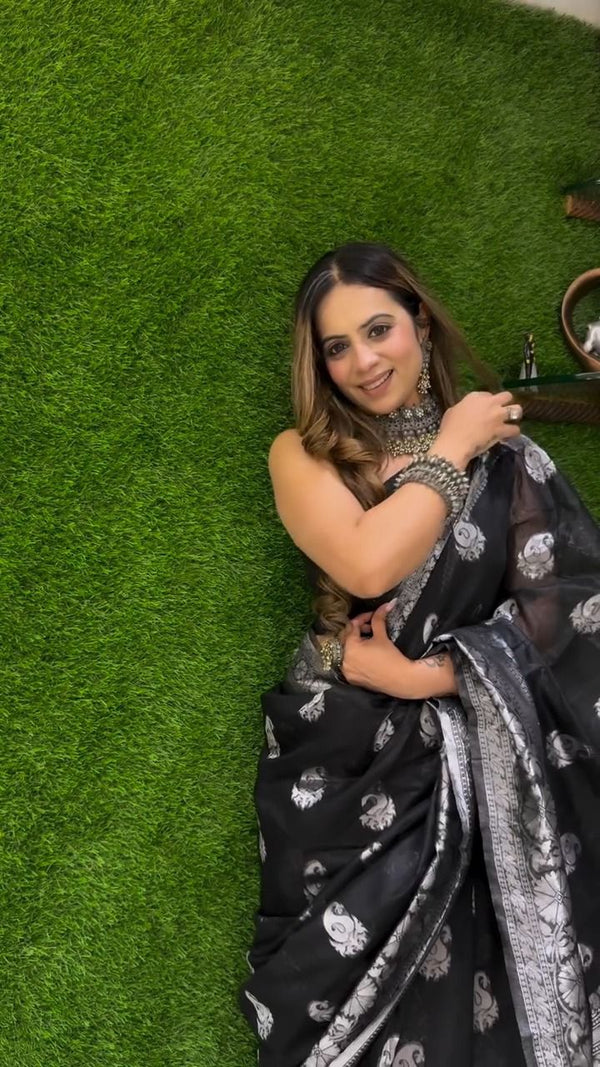 Black Jacquard Silk Saree | Wedding & Reception Wear