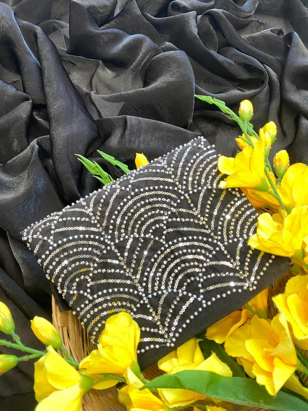 Black Satin Bollywood Saree with Moti Work Designer Blouse | RD DIVISHA