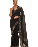 Black Satin Saree with Zari Weaving & Siroski Border | RD TANISHKA